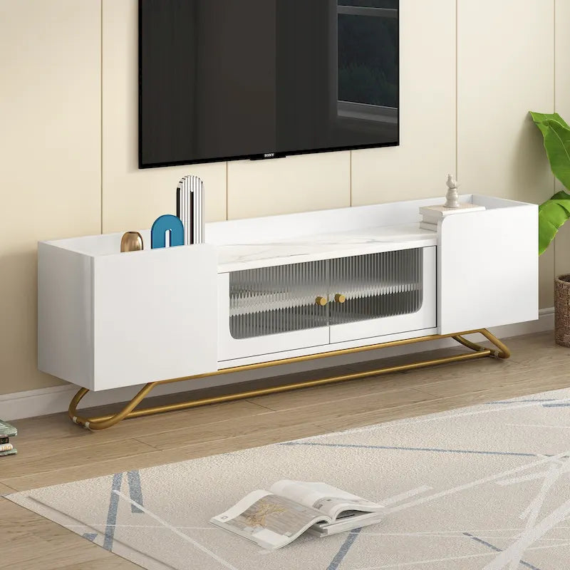 Meuble TV 63,07 po avec verre et cadre doré pour téléviseurs de 70 po