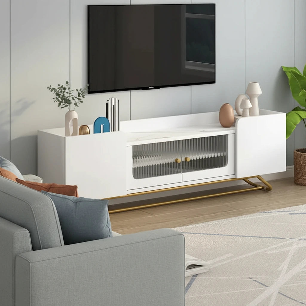 63.07 TV Stand with Glass & Gold Frame for 70 TVs