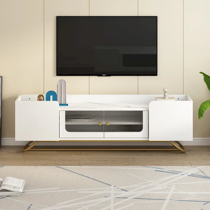 Meuble TV 63,07 po avec verre et cadre doré pour téléviseurs de 70 po