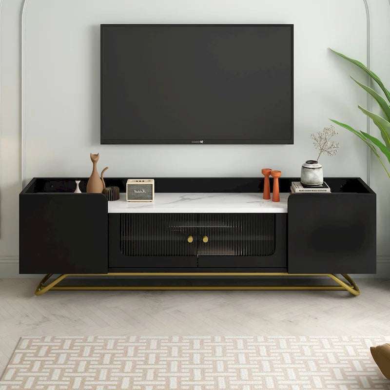 Meuble TV 63,07 po avec verre et cadre doré pour téléviseurs de 70 po
