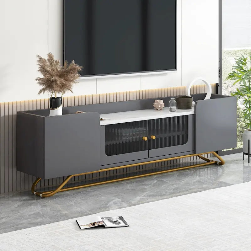 Meuble TV 63,07 po avec verre et cadre doré pour téléviseurs de 70 po