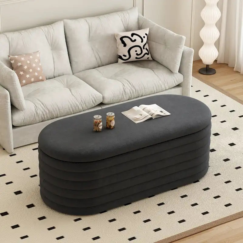 Banc coffre en chenille avec charnière de sécurité, tabouret de bout de lit rembourré en tissu
