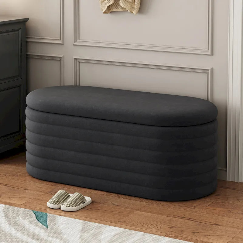 Banc coffre en chenille avec charnière de sécurité, tabouret de bout de lit rembourré en tissu