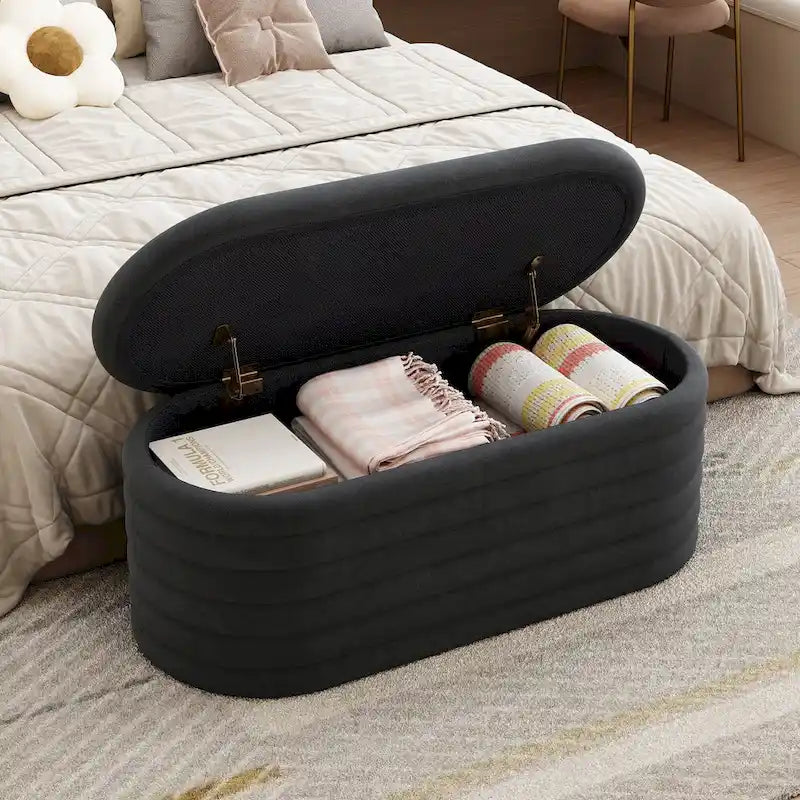 Banc coffre en chenille avec charnière de sécurité, tabouret de bout de lit rembourré en tissu