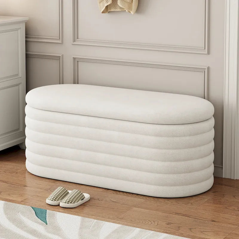 Banc coffre en chenille avec charnière de sécurité, tabouret de bout de lit rembourré en tissu