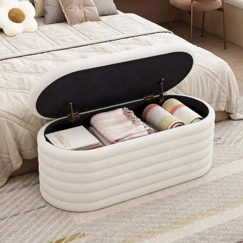 Banc coffre en chenille avec charnière de sécurité, tabouret de bout de lit rembourré en tissu
