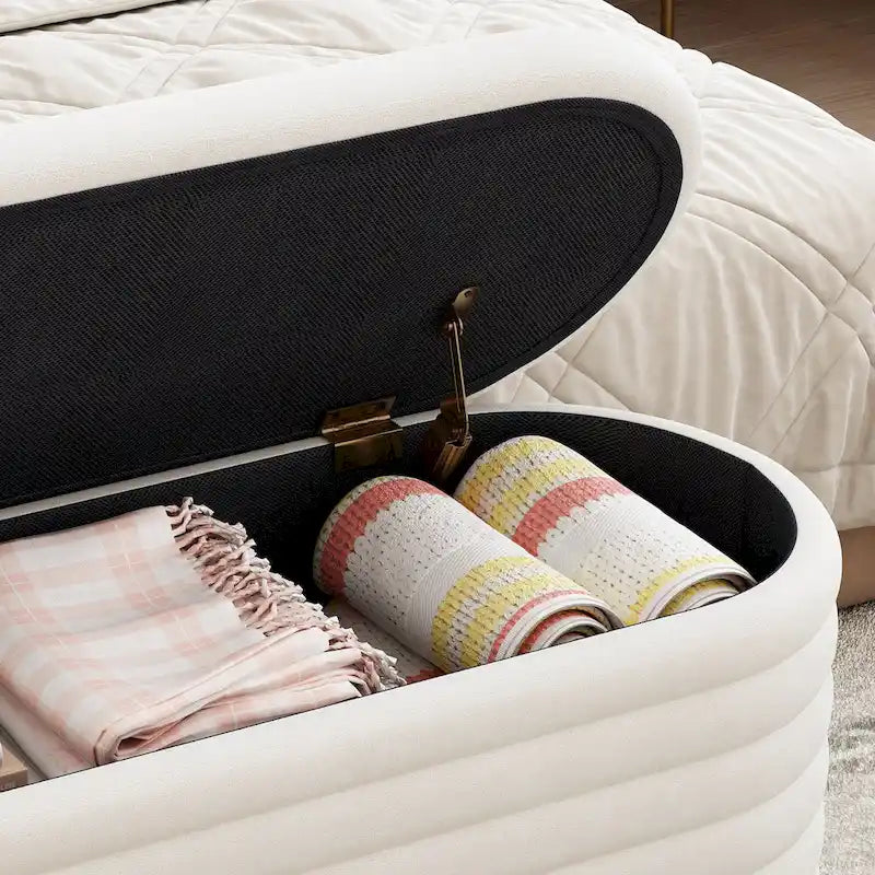 Banc coffre en chenille avec charnière de sécurité, tabouret de bout de lit rembourré en tissu