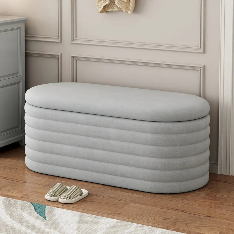 Banc coffre en chenille avec charnière de sécurité, tabouret de bout de lit rembourré en tissu