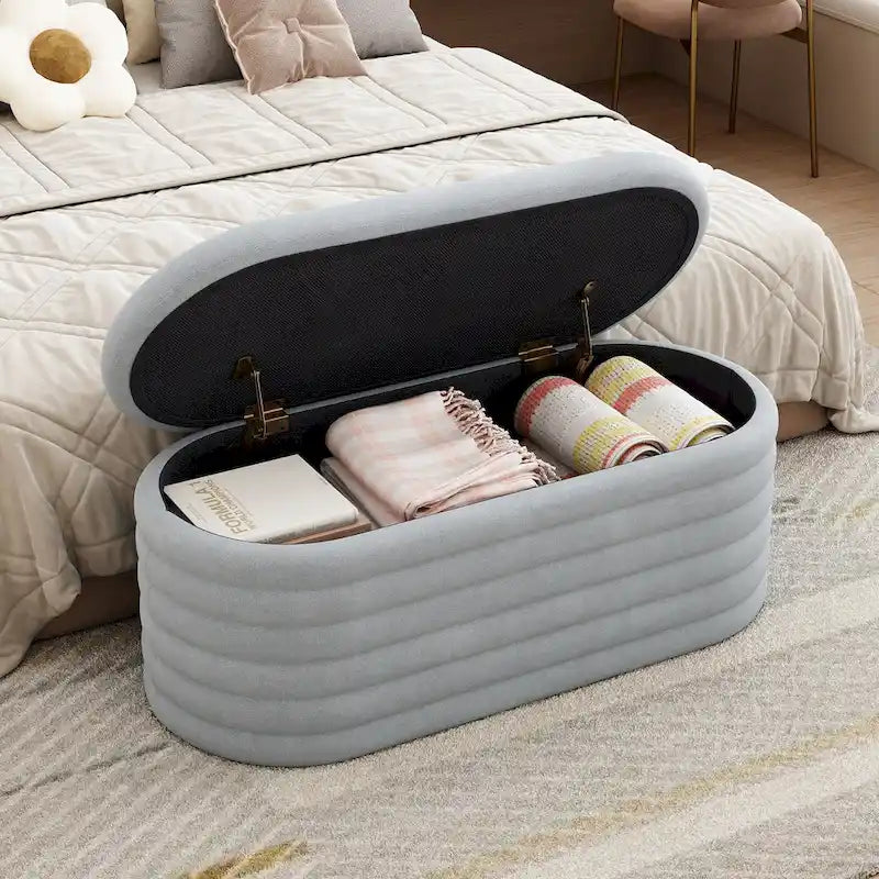Banc coffre en chenille avec charnière de sécurité, tabouret de bout de lit rembourré en tissu