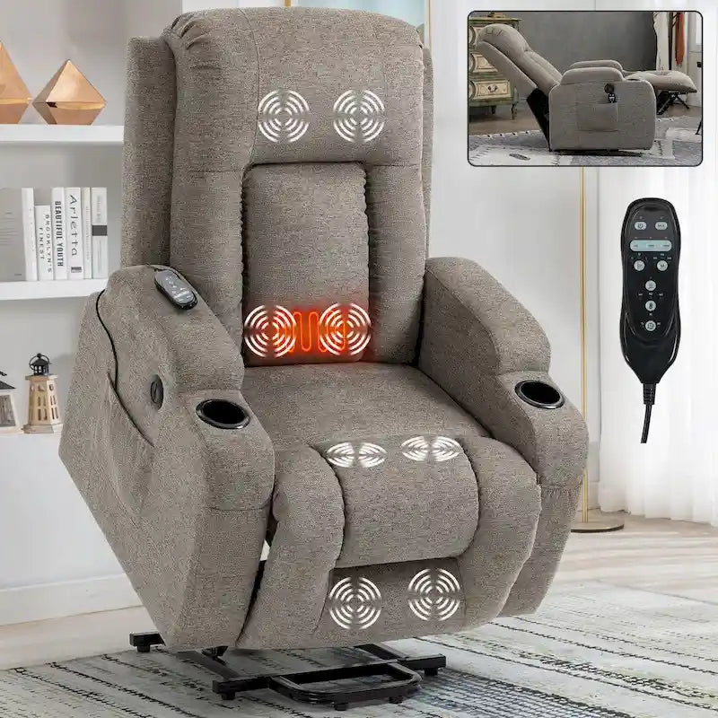 Fauteuil inclinable releveur électrique avec massage, chauffage lombaire, port de chargement USB, porte-gobelets