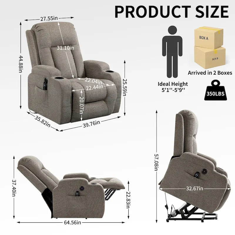 Fauteuil inclinable releveur électrique avec massage, chauffage lombaire, port de chargement USB, porte-gobelets
