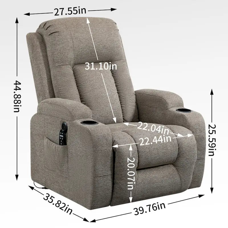 Fauteuil inclinable releveur électrique avec massage, chauffage lombaire, port de chargement USB, porte-gobelets