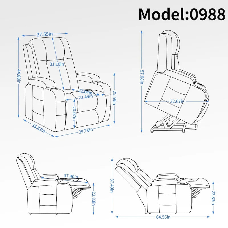 Fauteuil inclinable releveur électrique avec massage, chauffage lombaire, port de chargement USB, porte-gobelets