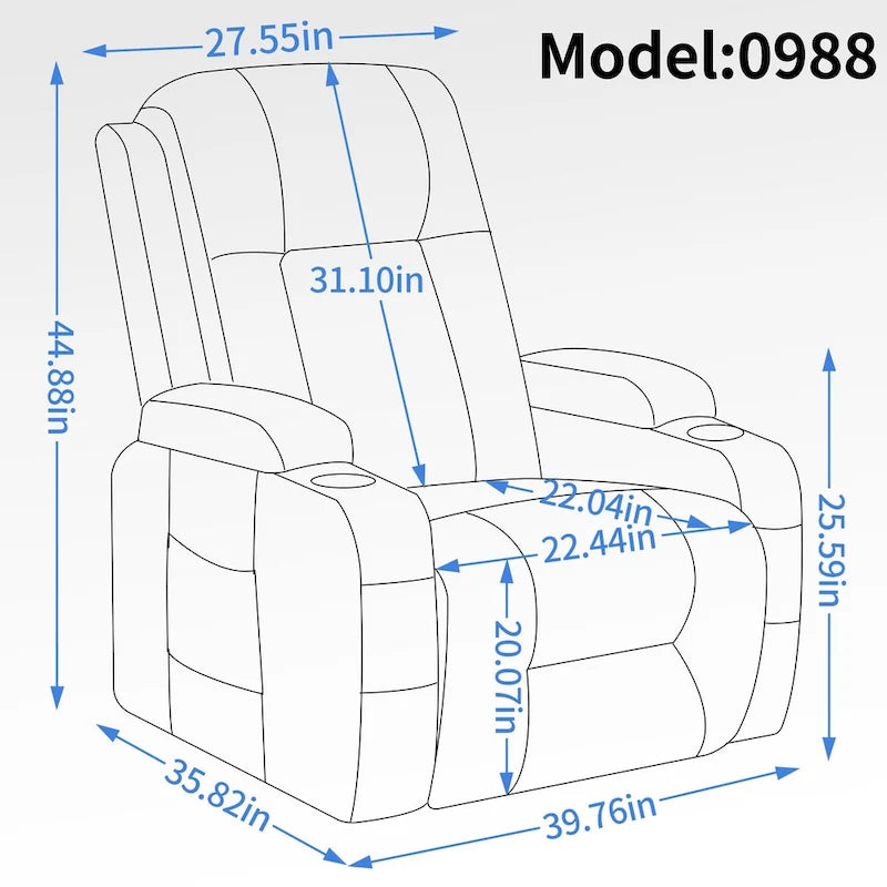 Fauteuil inclinable releveur électrique avec massage, chauffage lombaire, port de chargement USB, porte-gobelets