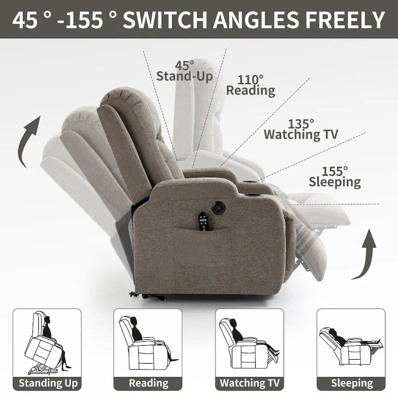 Fauteuil inclinable releveur électrique avec massage, chauffage lombaire, port de chargement USB, porte-gobelets