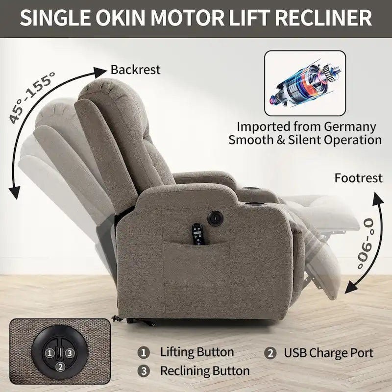 Fauteuil inclinable releveur électrique avec massage, chauffage lombaire, port de chargement USB, porte-gobelets
