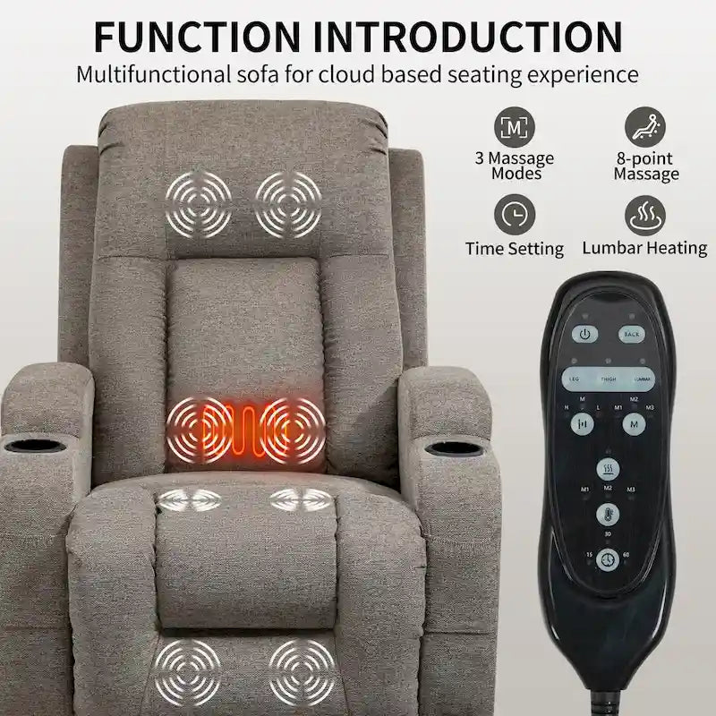 Fauteuil inclinable releveur électrique avec massage, chauffage lombaire, port de chargement USB, porte-gobelets