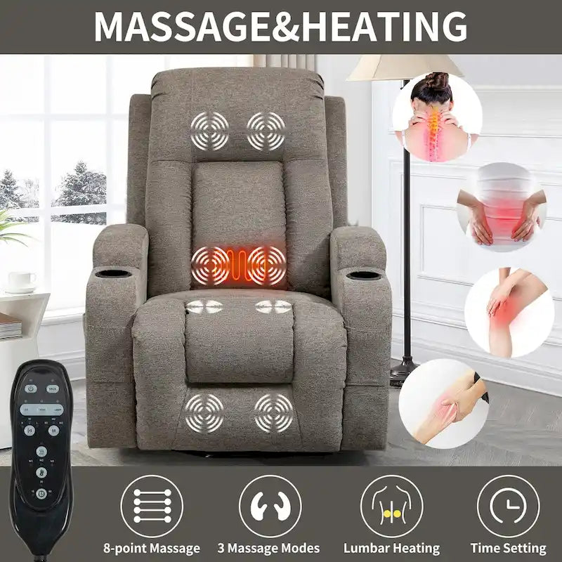 Fauteuil inclinable releveur électrique avec massage, chauffage lombaire, port de chargement USB, porte-gobelets