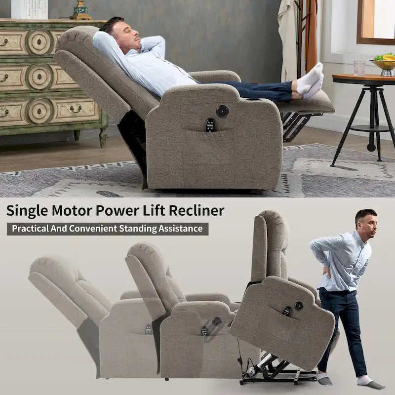 Fauteuil inclinable releveur électrique avec massage, chauffage lombaire, port de chargement USB, porte-gobelets