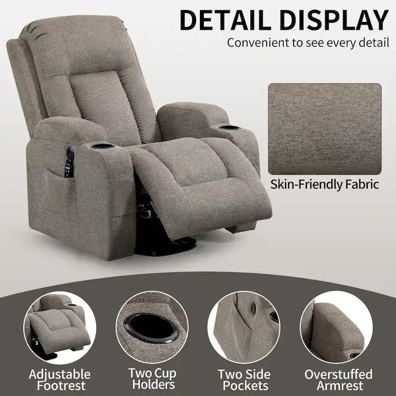 Fauteuil inclinable releveur électrique avec massage, chauffage lombaire, port de chargement USB, porte-gobelets
