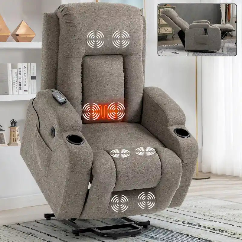Fauteuil inclinable releveur électrique avec massage, chauffage lombaire, port de chargement USB, porte-gobelets