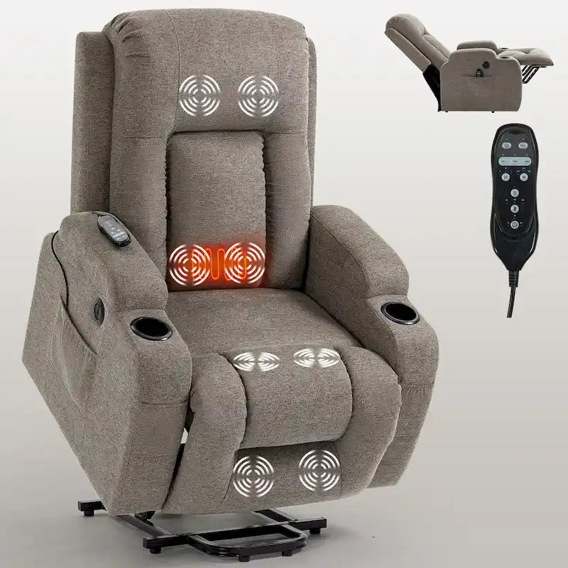 Fauteuil inclinable releveur électrique avec massage, chauffage lombaire, port de chargement USB, porte-gobelets