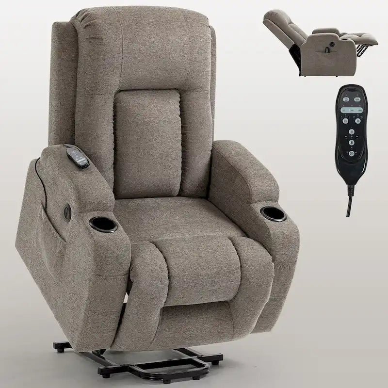 Fauteuil inclinable releveur électrique avec massage, chauffage lombaire, port de chargement USB, porte-gobelets