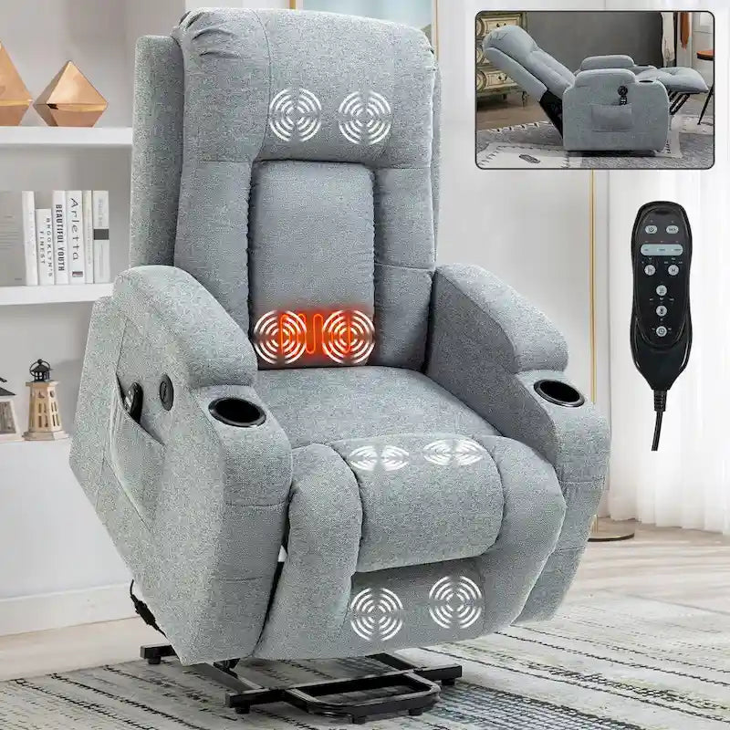 Fauteuil inclinable releveur électrique avec massage, chauffage lombaire, port de chargement USB, porte-gobelets