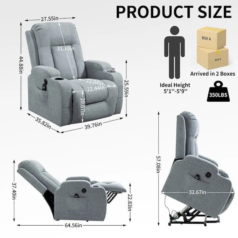 Fauteuil inclinable releveur électrique avec massage, chauffage lombaire, port de chargement USB, porte-gobelets