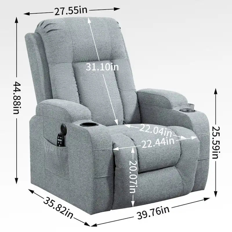 Fauteuil inclinable releveur électrique avec massage, chauffage lombaire, port de chargement USB, porte-gobelets