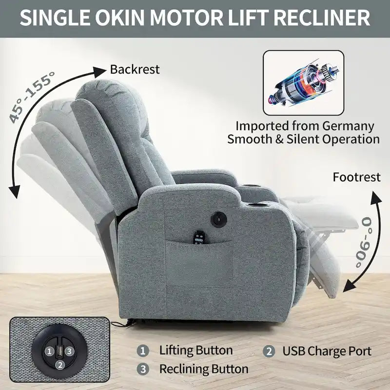 Fauteuil inclinable releveur électrique avec massage, chauffage lombaire, port de chargement USB, porte-gobelets