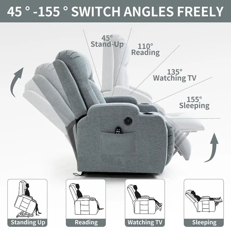 Fauteuil inclinable releveur électrique avec massage, chauffage lombaire, port de chargement USB, porte-gobelets