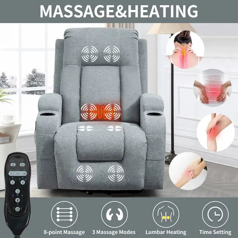 Fauteuil inclinable releveur électrique avec massage, chauffage lombaire, port de chargement USB, porte-gobelets