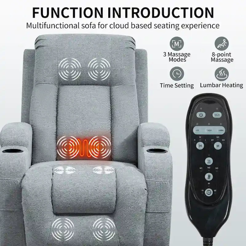 Fauteuil inclinable releveur électrique avec massage, chauffage lombaire, port de chargement USB, porte-gobelets