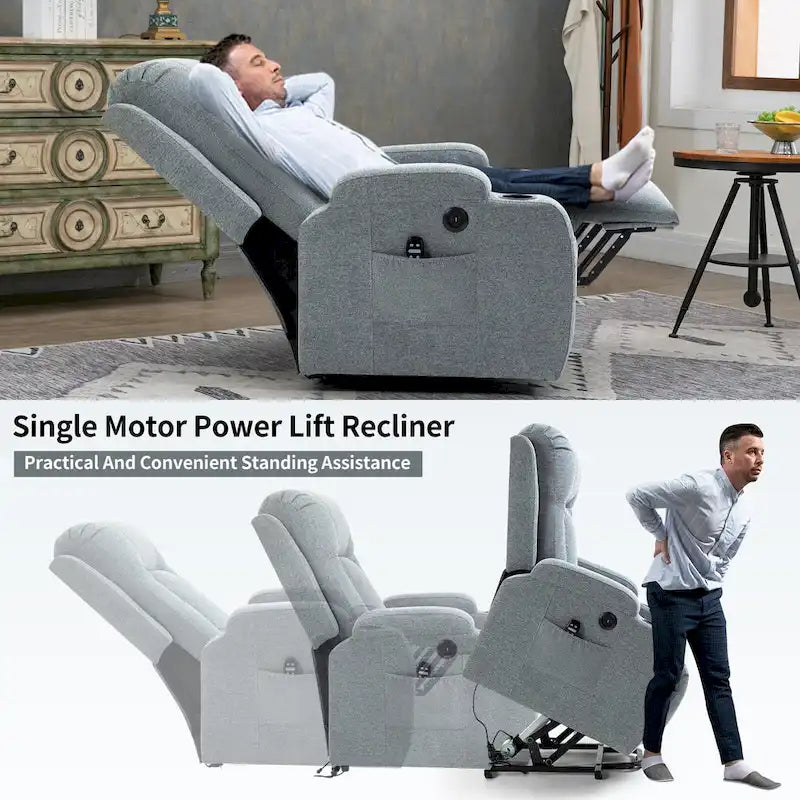 Fauteuil inclinable releveur électrique avec massage, chauffage lombaire, port de chargement USB, porte-gobelets