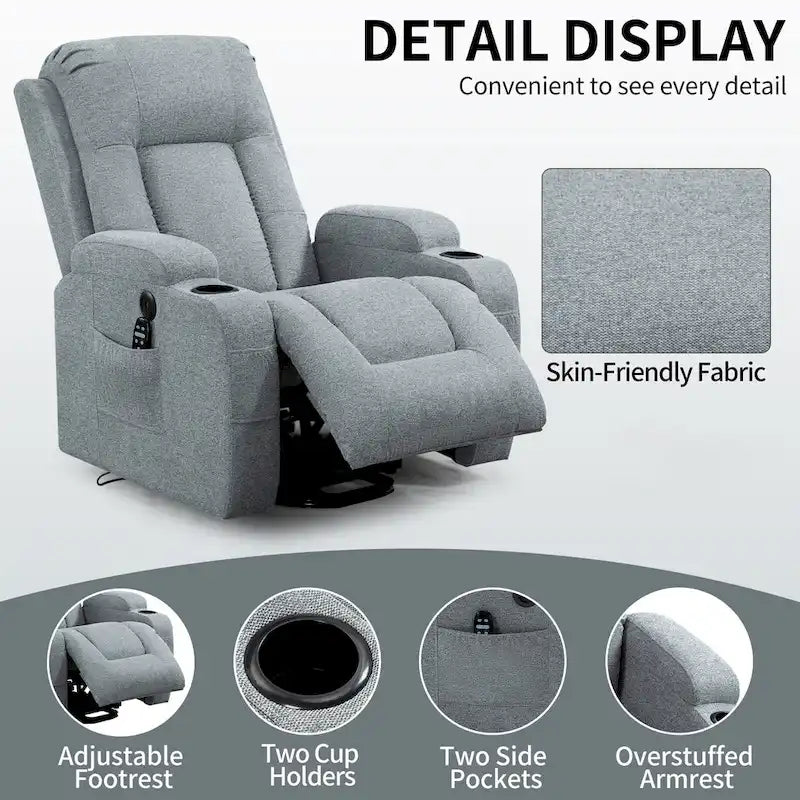 Fauteuil inclinable releveur électrique avec massage, chauffage lombaire, port de chargement USB, porte-gobelets