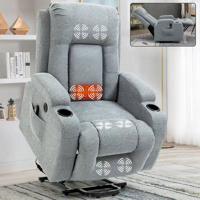Fauteuil inclinable releveur électrique avec massage, chauffage lombaire, port de chargement USB, porte-gobelets