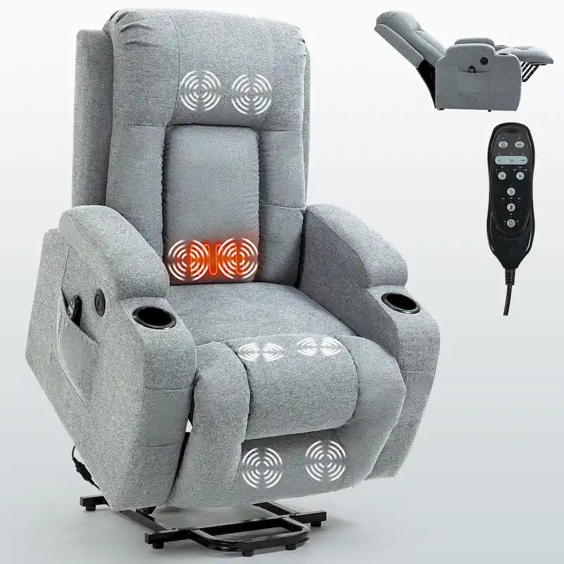 Fauteuil inclinable releveur électrique avec massage, chauffage lombaire, port de chargement USB, porte-gobelets