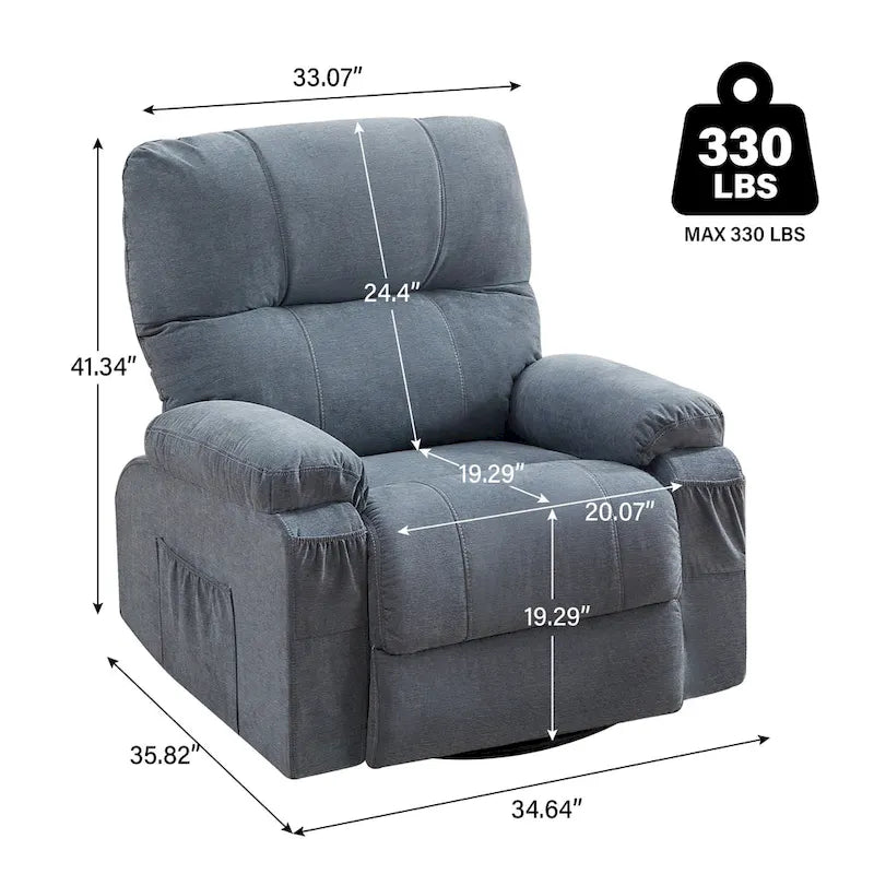 Fauteuil inclinable manuel pivotant à 360° en tissu avec repose-pieds escamotable et poches latérales