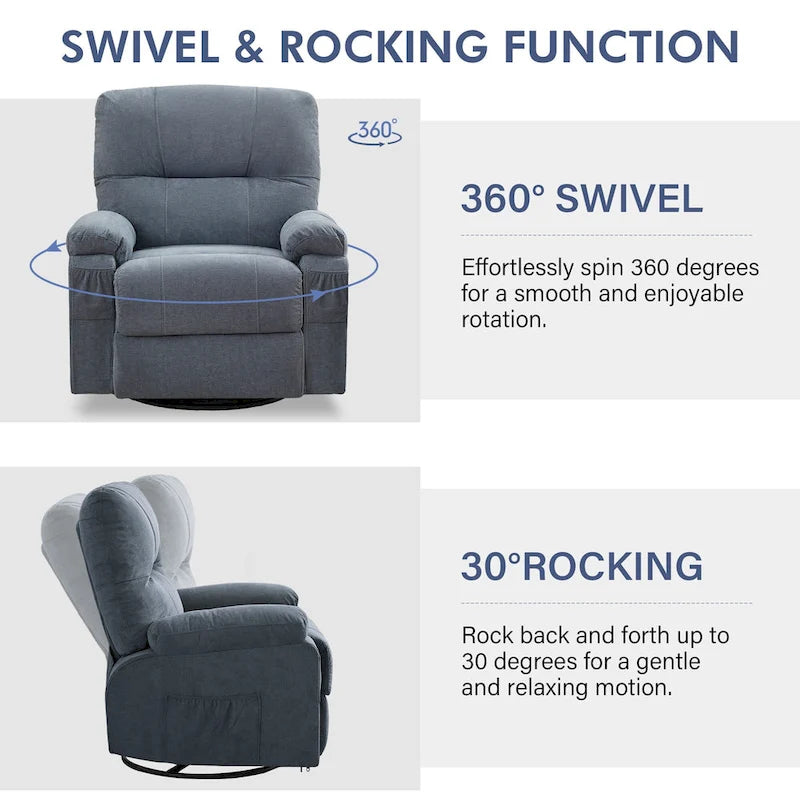 Fauteuil inclinable manuel pivotant à 360° en tissu avec repose-pieds escamotable et poches latérales