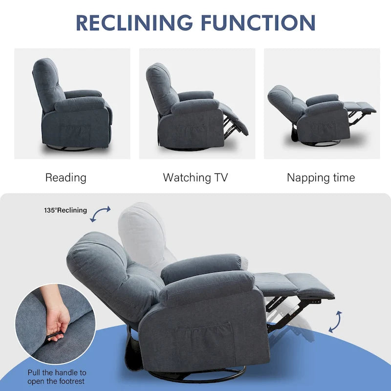 Fauteuil inclinable manuel pivotant à 360° en tissu avec repose-pieds escamotable et poches latérales