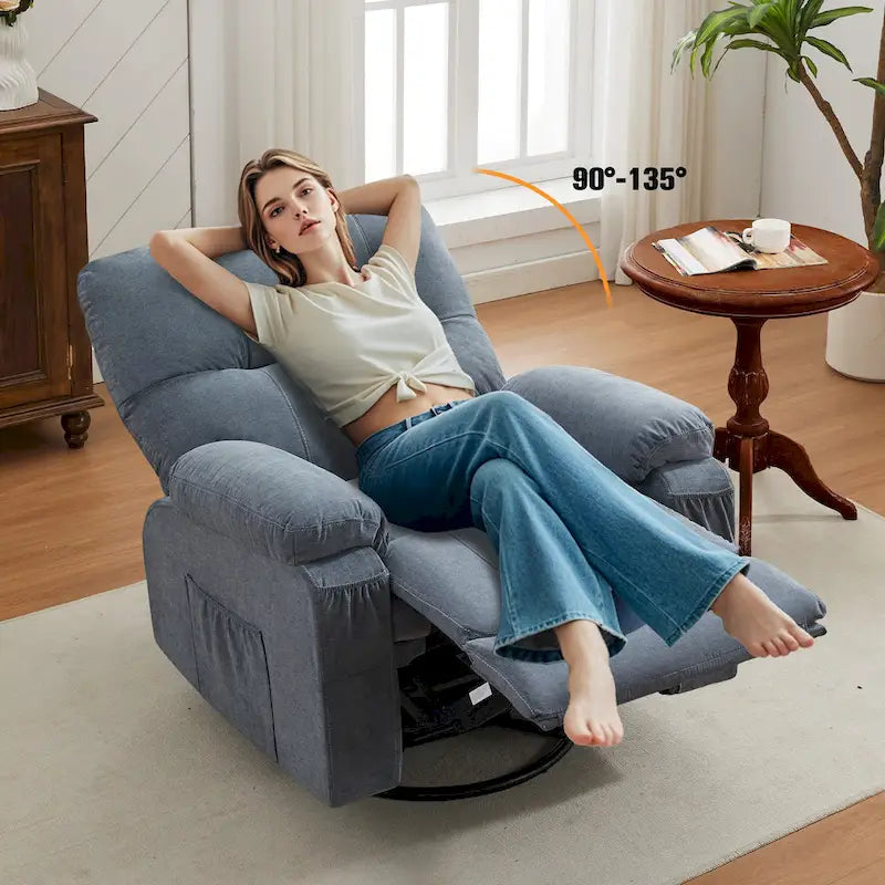 Fauteuil inclinable manuel pivotant à 360° en tissu avec repose-pieds escamotable et poches latérales