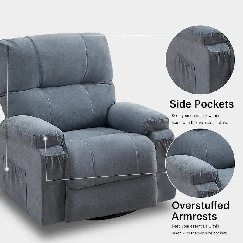 Fauteuil inclinable manuel pivotant à 360° en tissu avec repose-pieds escamotable et poches latérales