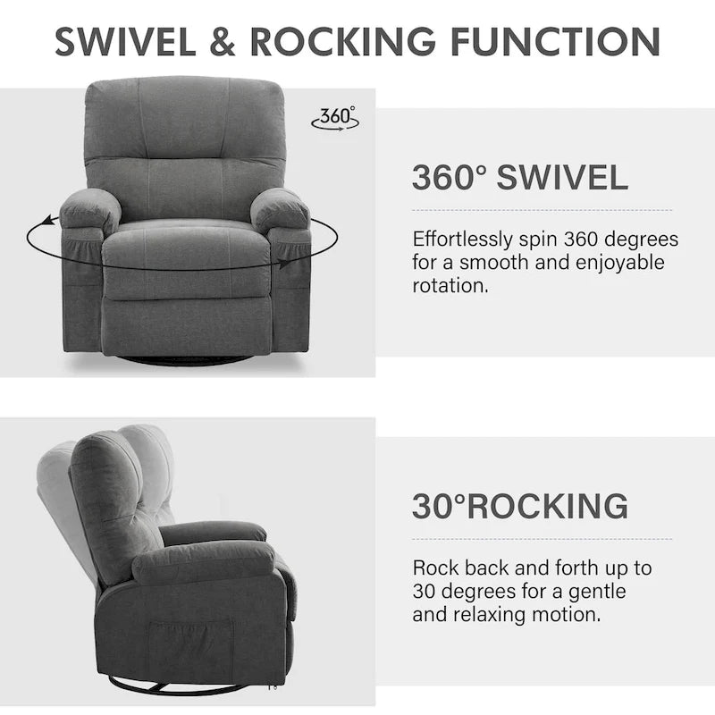 Fauteuil inclinable manuel pivotant à 360° en tissu avec repose-pieds escamotable et poches latérales