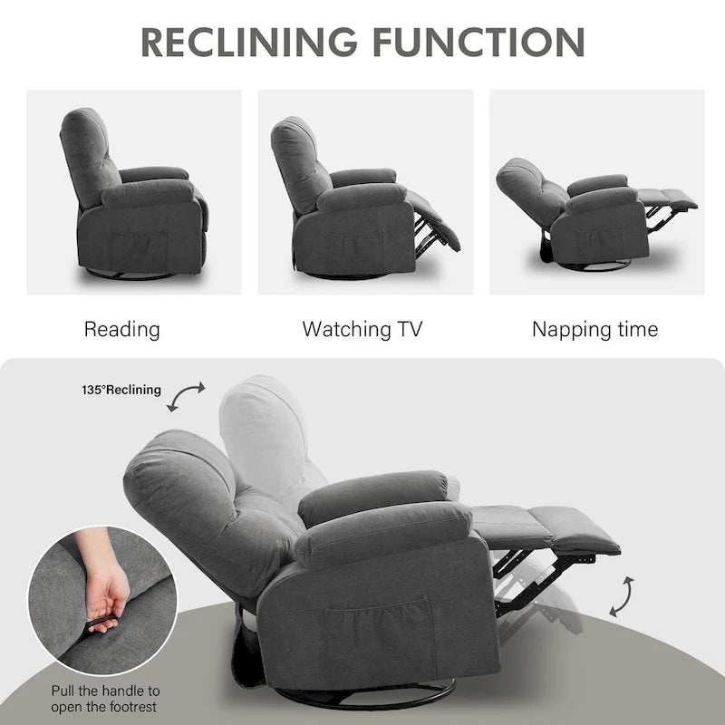 Fauteuil inclinable manuel pivotant à 360° en tissu avec repose-pieds escamotable et poches latérales