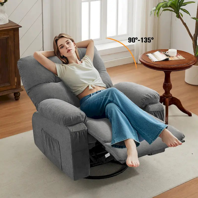 Fauteuil inclinable manuel pivotant à 360° en tissu avec repose-pieds escamotable et poches latérales