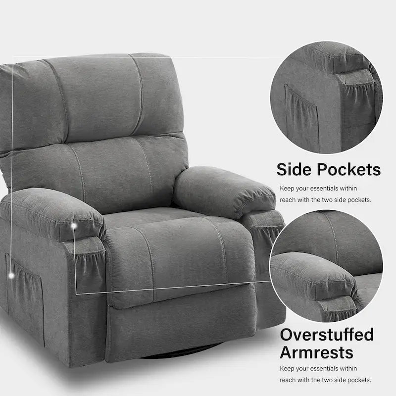 Fauteuil inclinable manuel pivotant à 360° en tissu avec repose-pieds escamotable et poches latérales