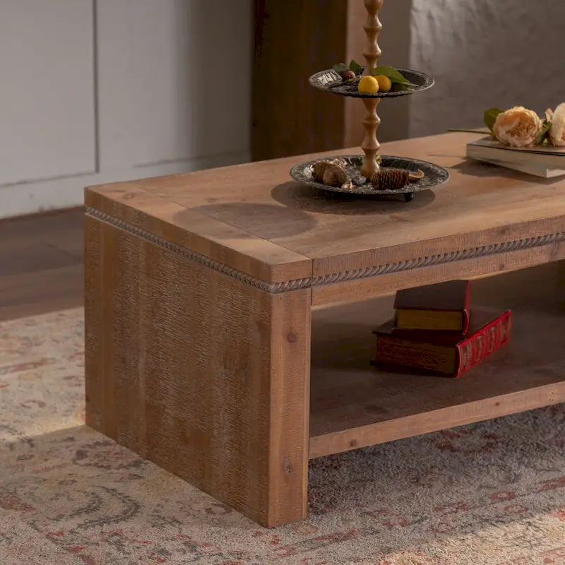 Table basse rectangulaire en bois massif pour salon, grande table basse rustique à 2 niveaux avec étagère de rangement