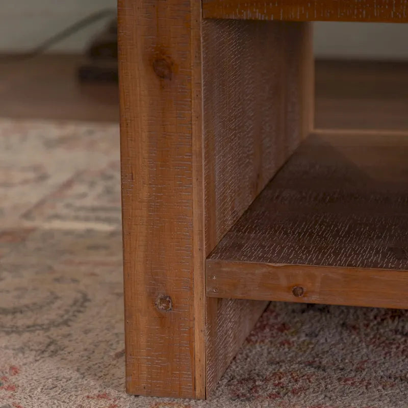 Table basse rectangulaire en bois massif pour salon, grande table basse rustique à 2 niveaux avec étagère de rangement