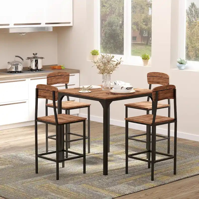 Ensemble de salle à manger moderne 5 pièces avec table de bar carrée à hauteur de comptoir et 4 chaises de salle à manger à dossier ouvert avec repose-pieds